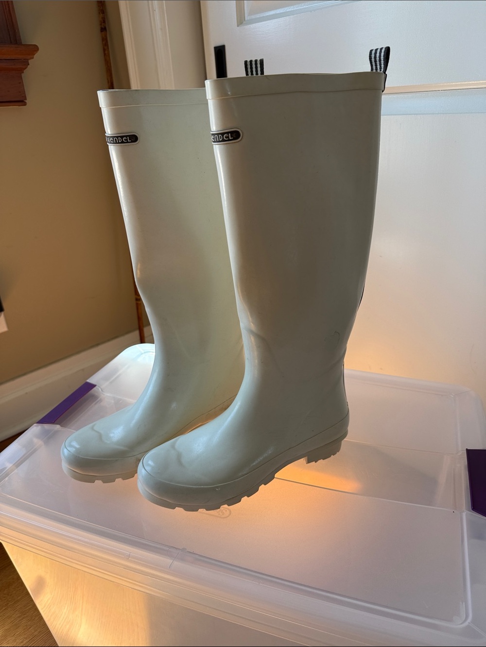 henri bendel white knee-high rain boots with black trim